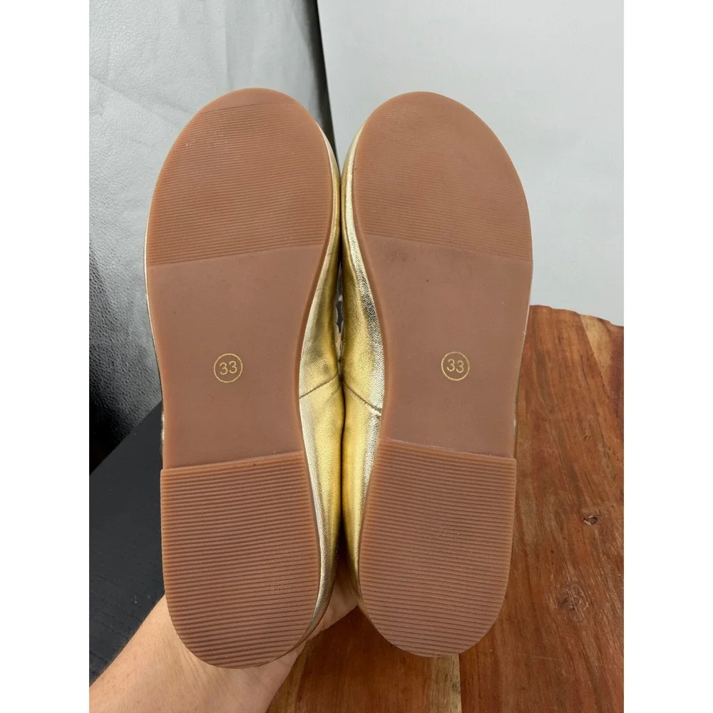 Mini Boden Scalloped Ballet Flats girls 2 33 Gold Metallic Leather Bow Strap